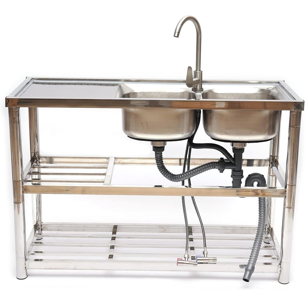 Commercial Kitchen Double Sink - อ่างล้างจานสแตนเลสแบบยืน 2 ช่อง พร้อมก๊อกน้ำและที่พักจาน สำหรับร้านอาหารเชิงพาณิชย์