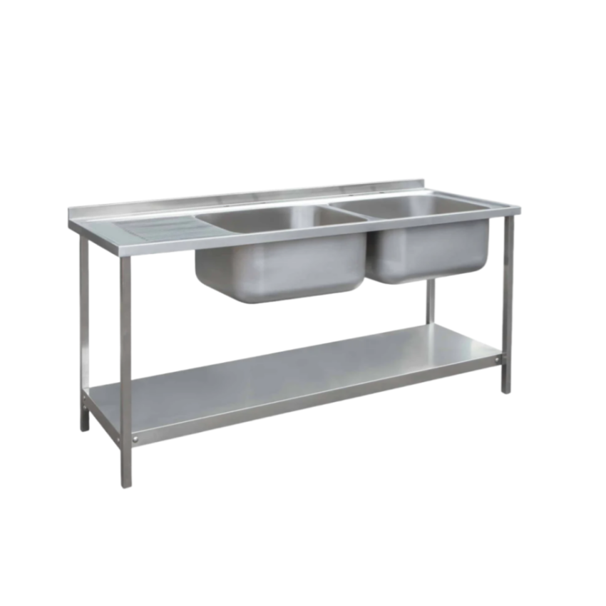 Commercial Kitchen Double Sink - อ่างล้างจานครัวร้านอาหารแบบคู่ สแตนเลส พร้อมแท่นวางไม้