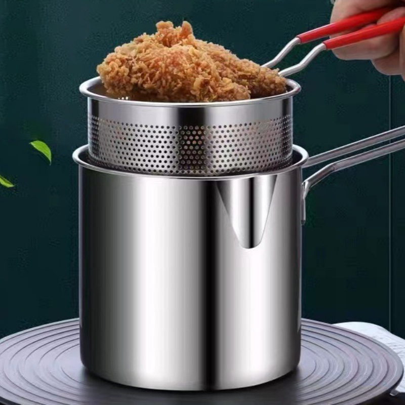 Commercial Kitchen Appliance - หม้อทอดสแตนเลส 304 พร้อมตะกร้าทอด หม้ออเนกประสงค์ขนาดเล็กสำหรับครัว ทำอาหารไก่ ปลา