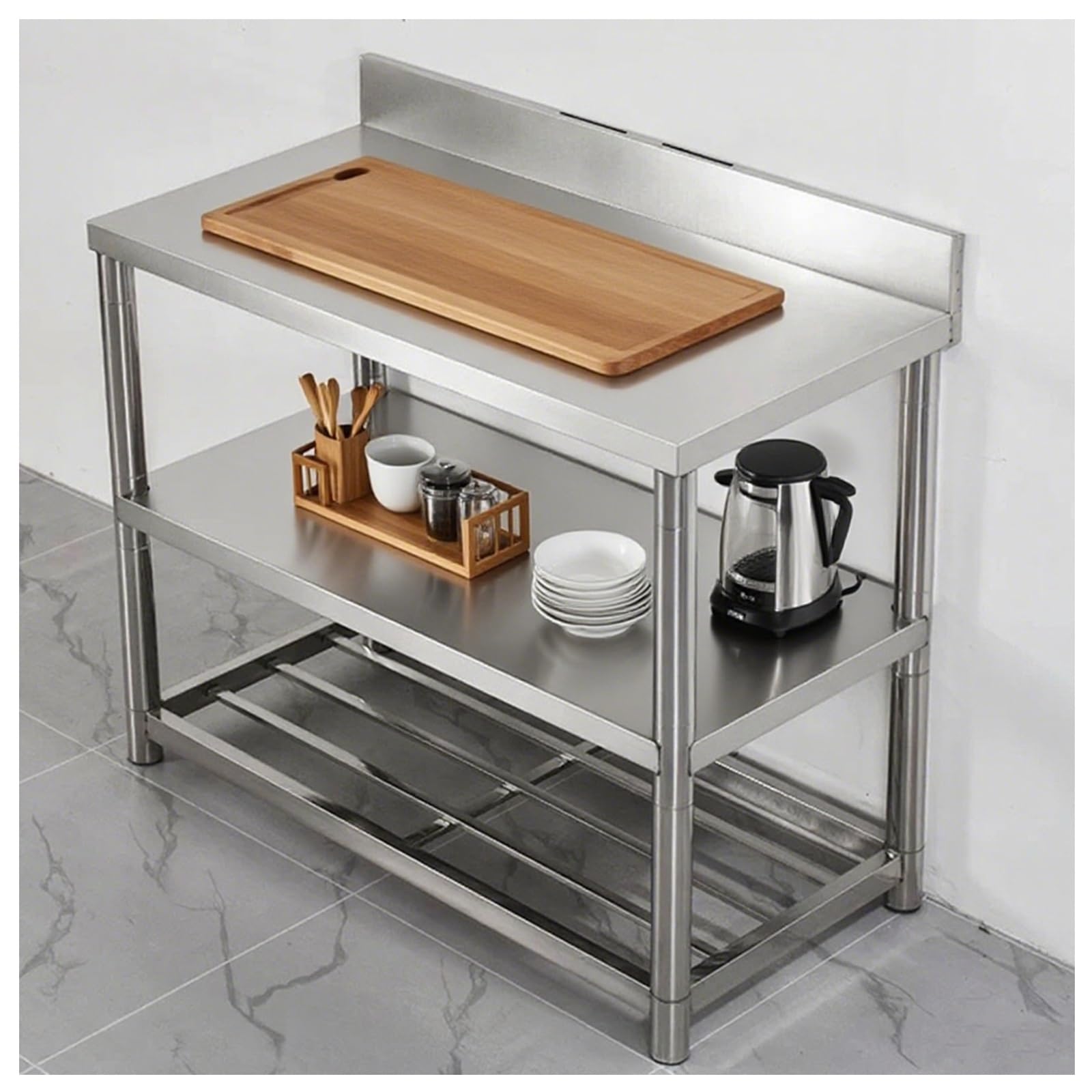 Commercial Kitchen Bench - โต๊ะทำงานสแตนเลสสำหรับครัวเชิงพาณิชย์แบบสองชั้น สามชั้น พร้อมพนักพิง โต๊ะครัวอุตสาหกรรม