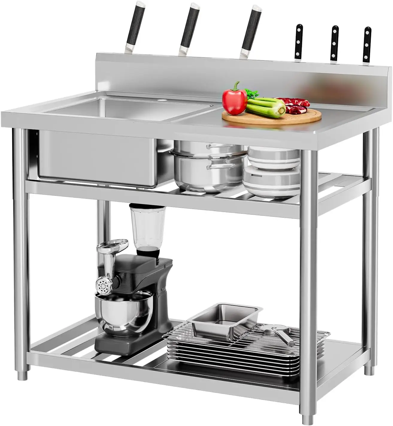 Commercial Kitchen Double Sink - อ่างล้างจานสแตนเลสแบบตั้งพื้น พร้อมลิ้นชักโต๊ะทำงาน ชั้นวางสองชั้น สำหรับครัวเชิงพาณิชย์ ห้องซักรีด