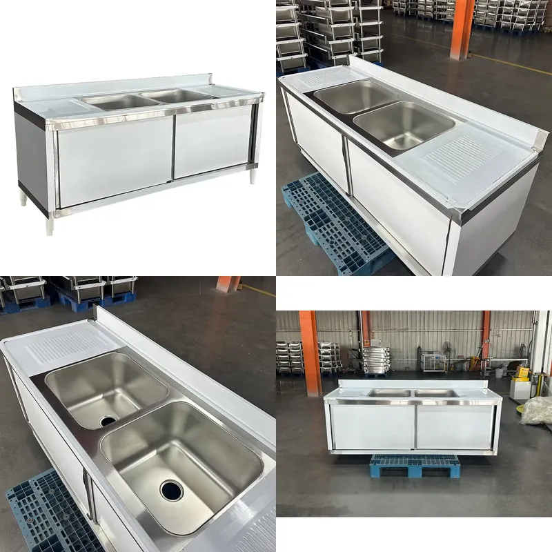 Commercial Kitchen Double Sink - อ่างล้างจานสแตนเลส 304 แบบสองหลุม สำหรับครัวเชิงพาณิชย์ พร้อมตู้บิลท์อิน สำหรับล้างจานในโรงแรม