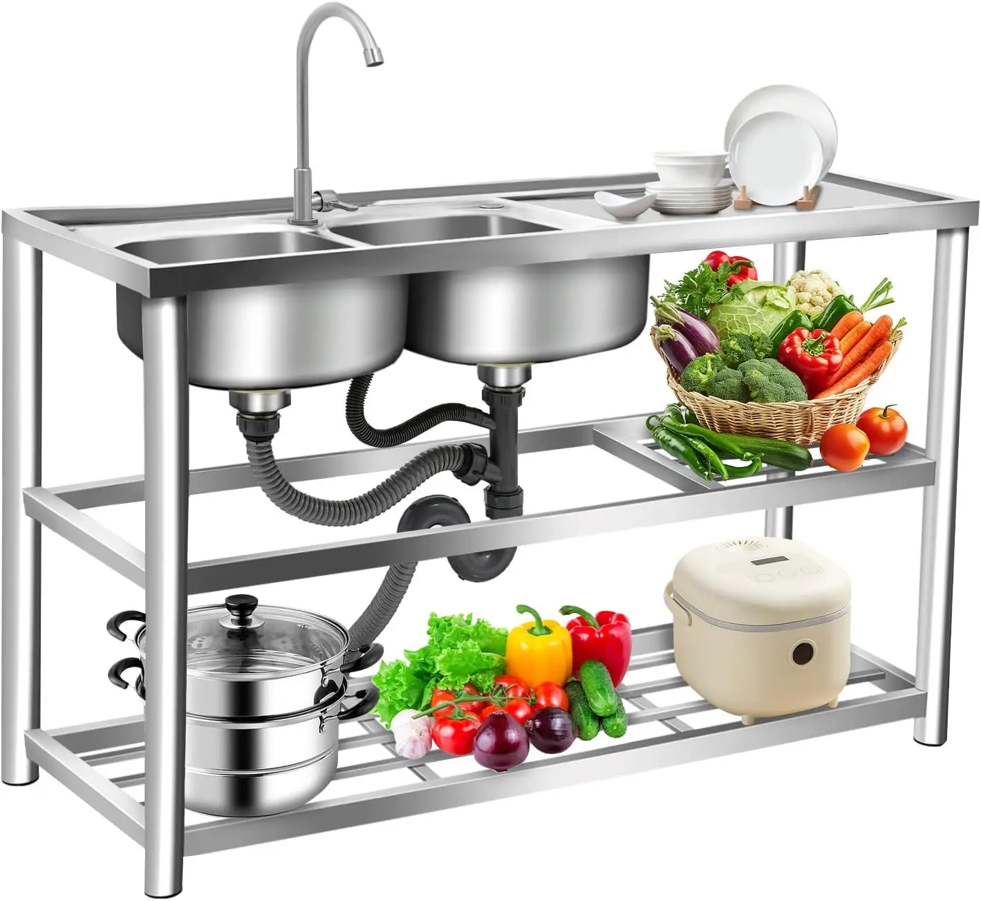 Commercial Kitchen Double Sink - อ่างล้างจานสแตนเลสแบบตั้งพื้น 3 ชั้น, อ่างล้างจานแบบสองหลุมสำหรับร้านอาหารเชิงพาณิชย์, ชุดอ่างล้างจานสำหรับครัวในร่มและกลางแจ้ง