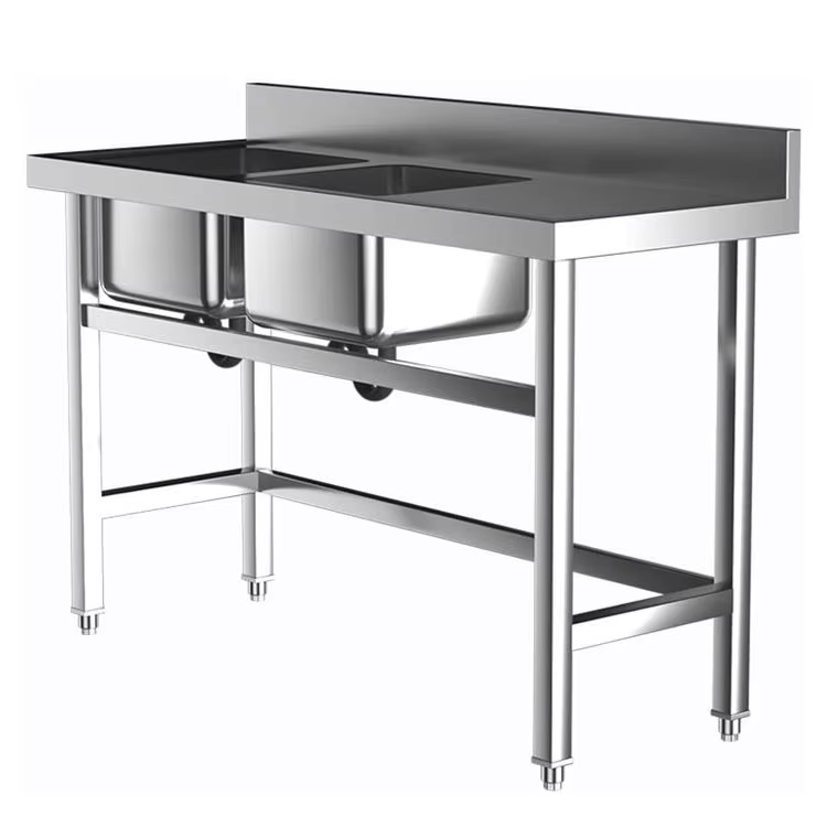 Commercial Kitchen Double Sink - อุปกรณ์ครัวโรงแรมเชิงพาณิชย์ อ่างล้างจานสแตนเลสสองหลุม พร้อมโต๊ะทำงาน รูปทรงสี่เหลี่ยม และสองรู