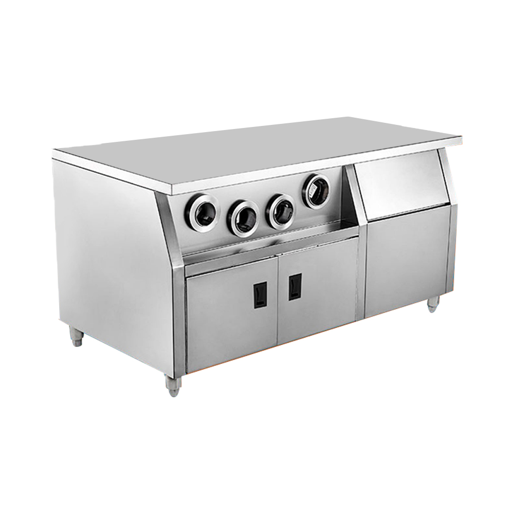 Commercial Kitchen Bench - ตู้เก็บของพร้อมล้อเลื่อนสำหรับครัวร้านอาหารและร้านอาหารฟาสต์ฟู้ด ทำจากสแตนเลส พร้อมที่วางแก้วและโต๊ะทำงาน