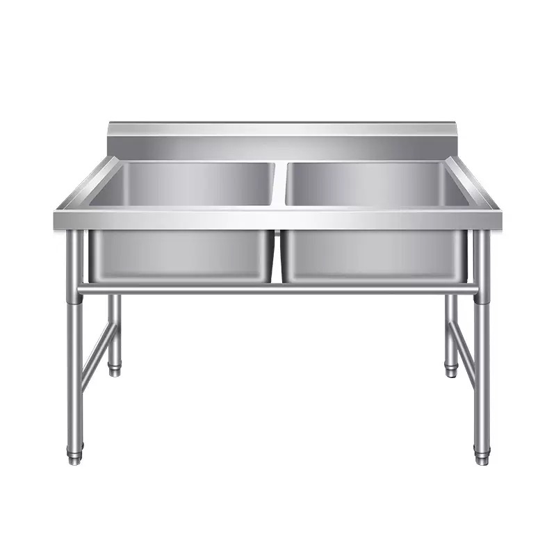 Commercial Kitchen Double Sink - โต๊ะทำงานสแตนเลสสำหรับครัวเชิงพาณิชย์พร้อมอ่างล้างจานคู่