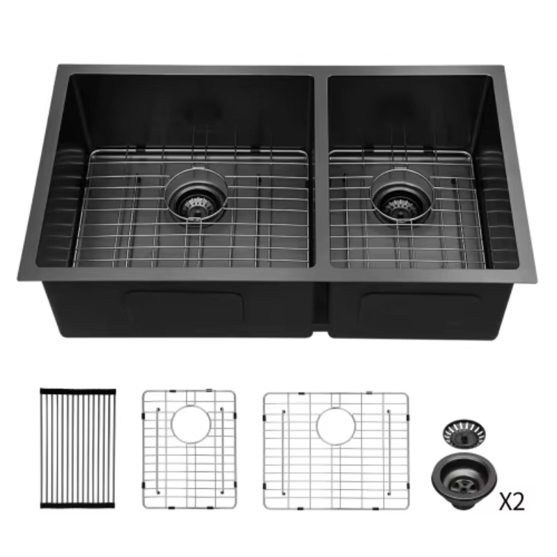 Commercial Kitchen Double Sink - อ่างล้างจานคู่ขนาดใหญ่ทันสมัยแบบ ATV พร้อมที่วางจาน 33x19 นิ้ว, อ่างล้างจานสเตนเลสสตีลอเมริกัน